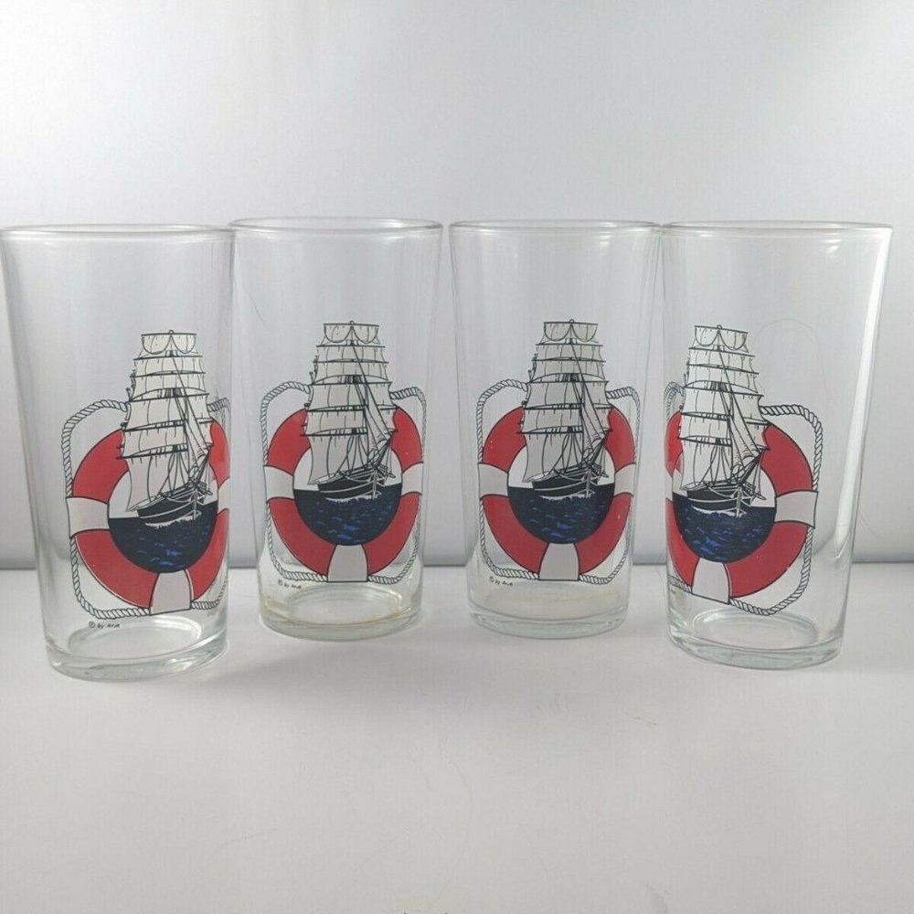 Vtg Nautical Ship Liferaft 5" Drinking Glasses
